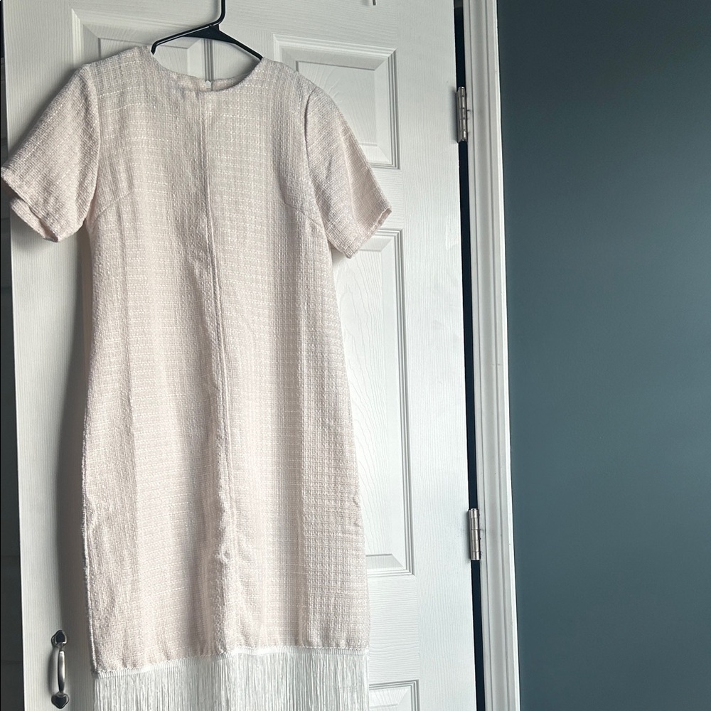 Elegant Cream Short Sleeve Dress with Fringe Hem - Picture 3 of 16